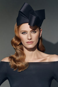 NIGHT AND THE CITY black asymmetric bow pillbox hat