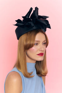 MADEMOISELLE Black Silk Flower Pillbox Hat