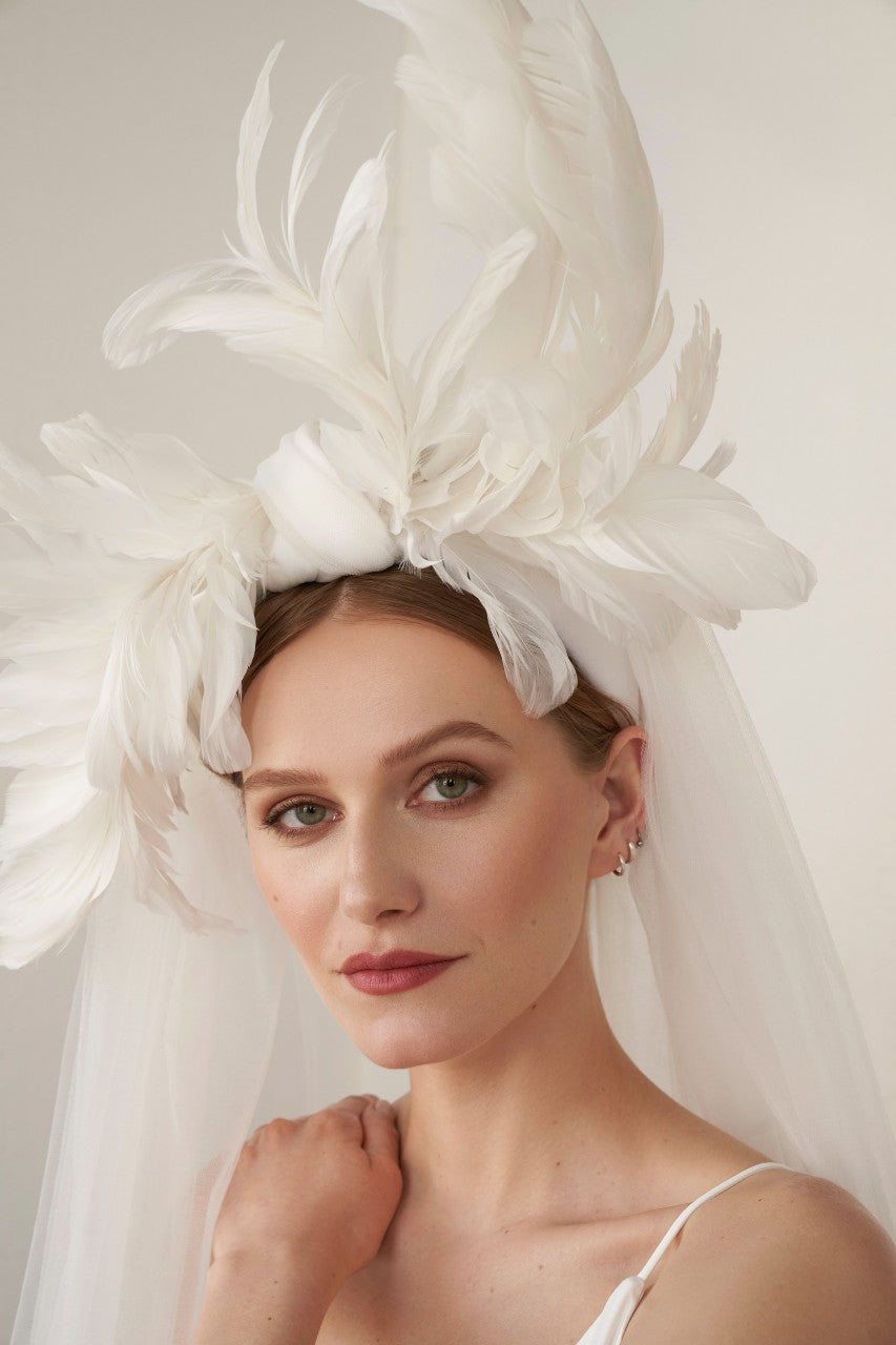 PRIMA BALLERINA feather bridal headpiece with veil