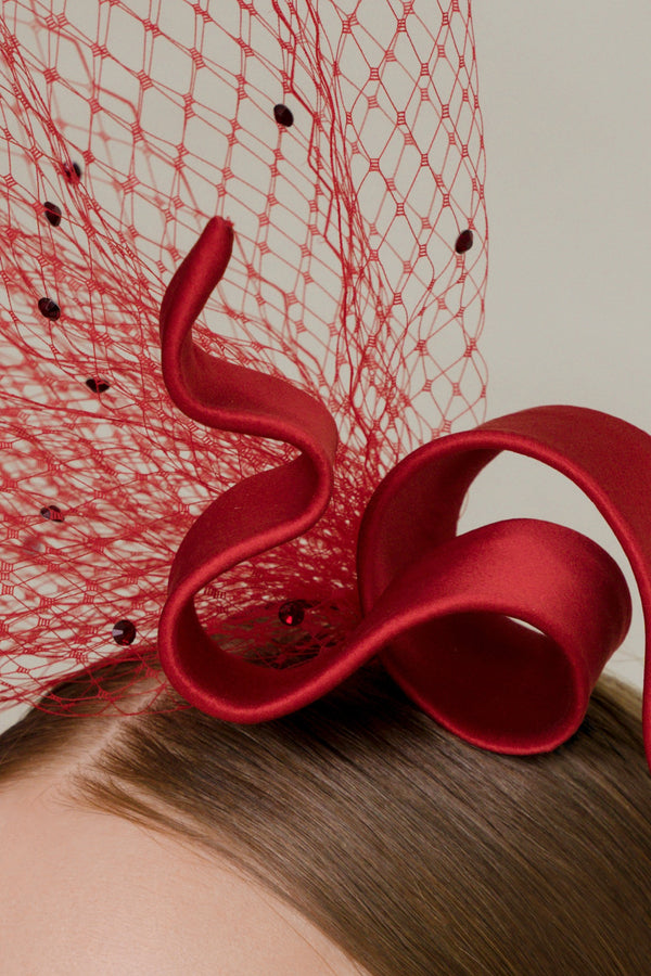 Filipa Cardoso Millinery red veiled silk fascinator