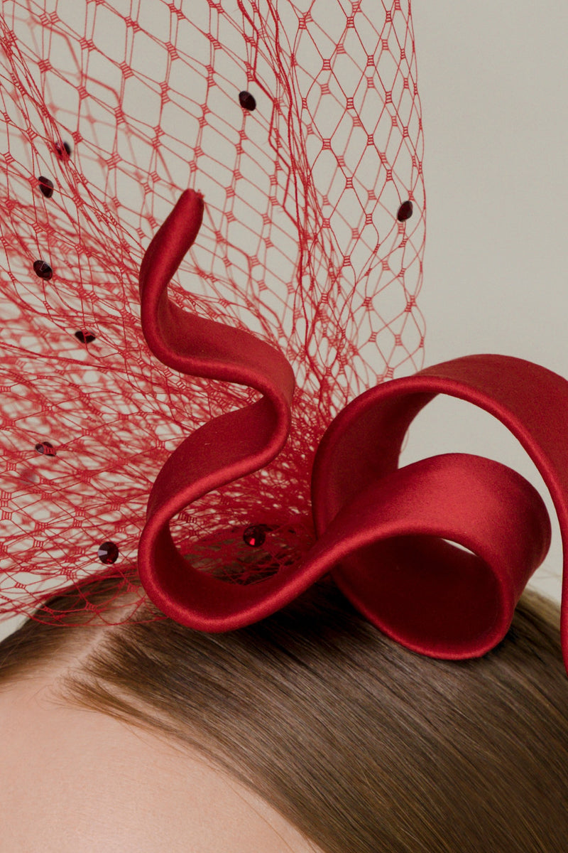 Filipa Cardoso Millinery red veiled silk fascinator 