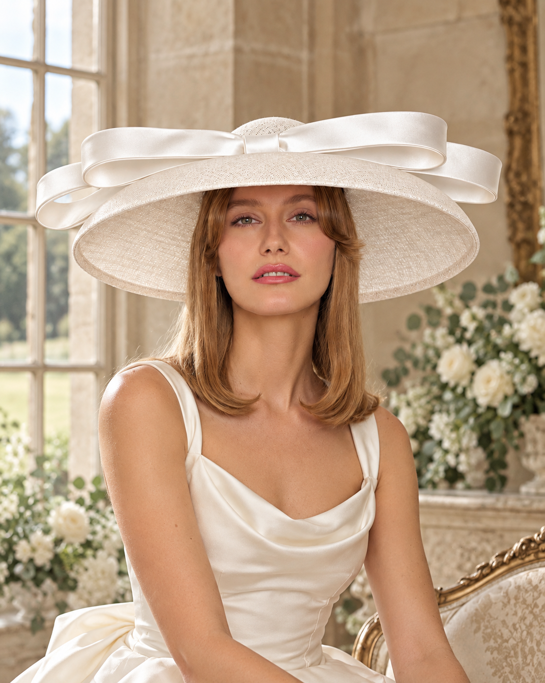A woman wearing a large bridal hat with silk bow 