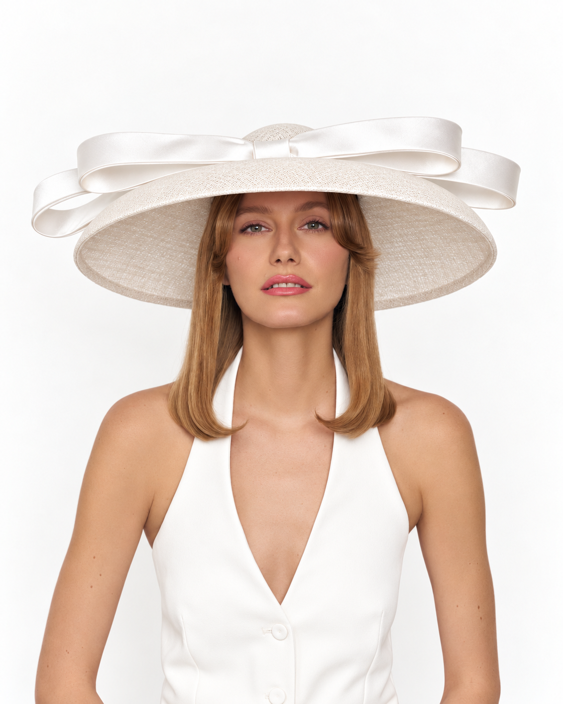 Model wearing the PRISCILLA white wide brim hat with an oversized silk bow, styled with a white halterneck outfit.