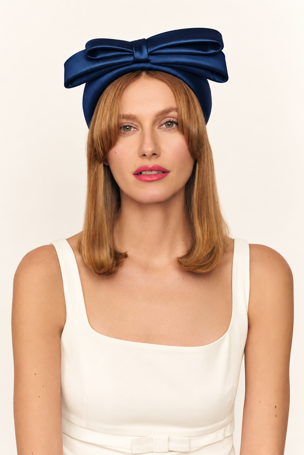  BISOU navy silk bow headband, front view – digital colour preview